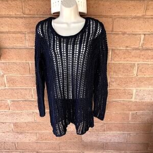 J. Jill Open Knit Crochet 100% Linen Sweater Navy Womens M Layers Pullover